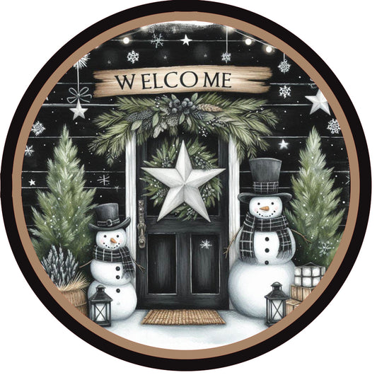 10" BLACK DOOR SNOWMEN WELCOME WREATH SIGN