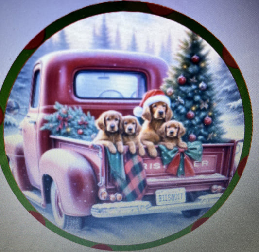 10" RED TRUCK WITH RETRIEVERS WREATH SIGN