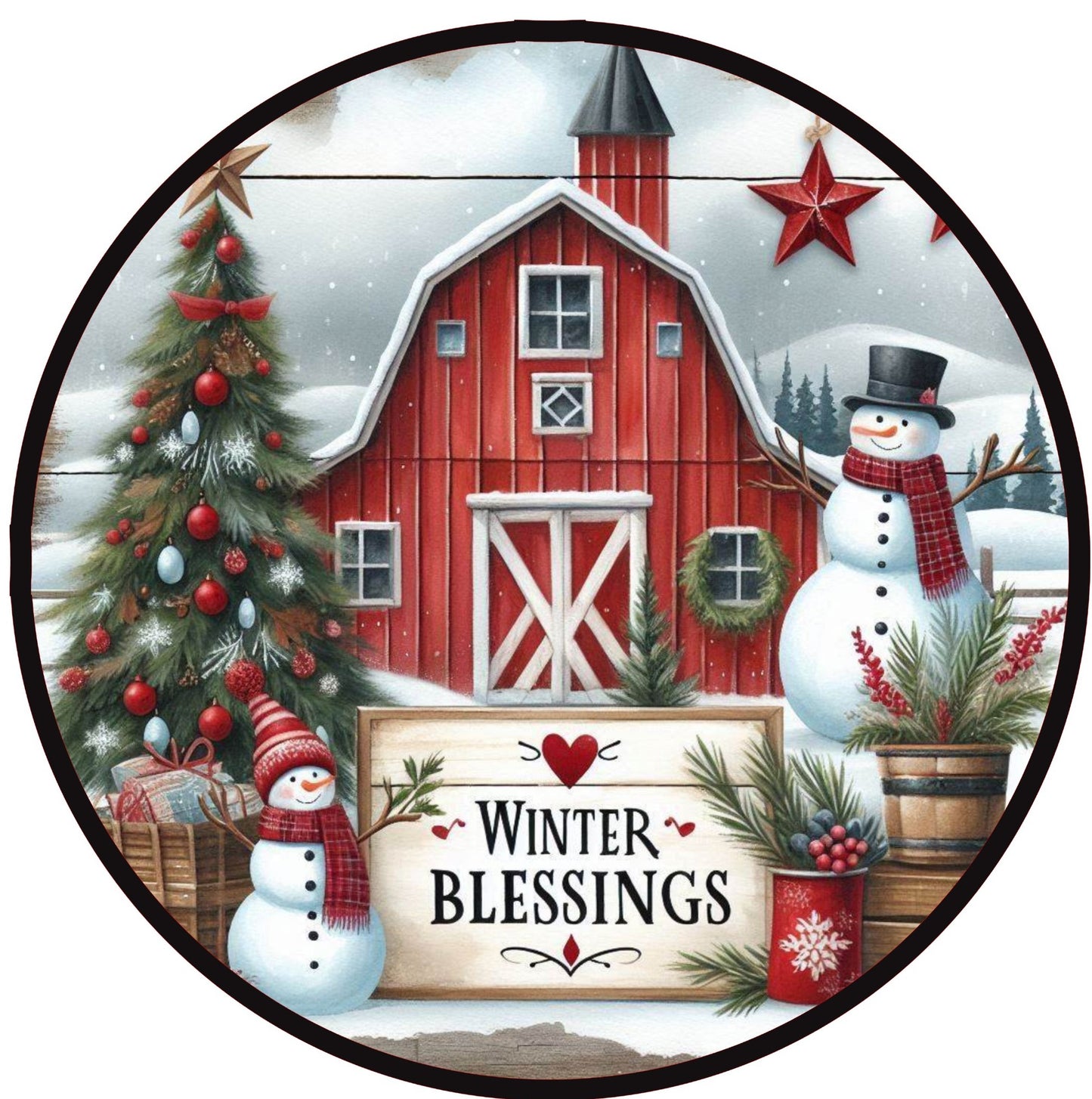 10" RED BARN WINTER BLESSINGS WREATH SIGN