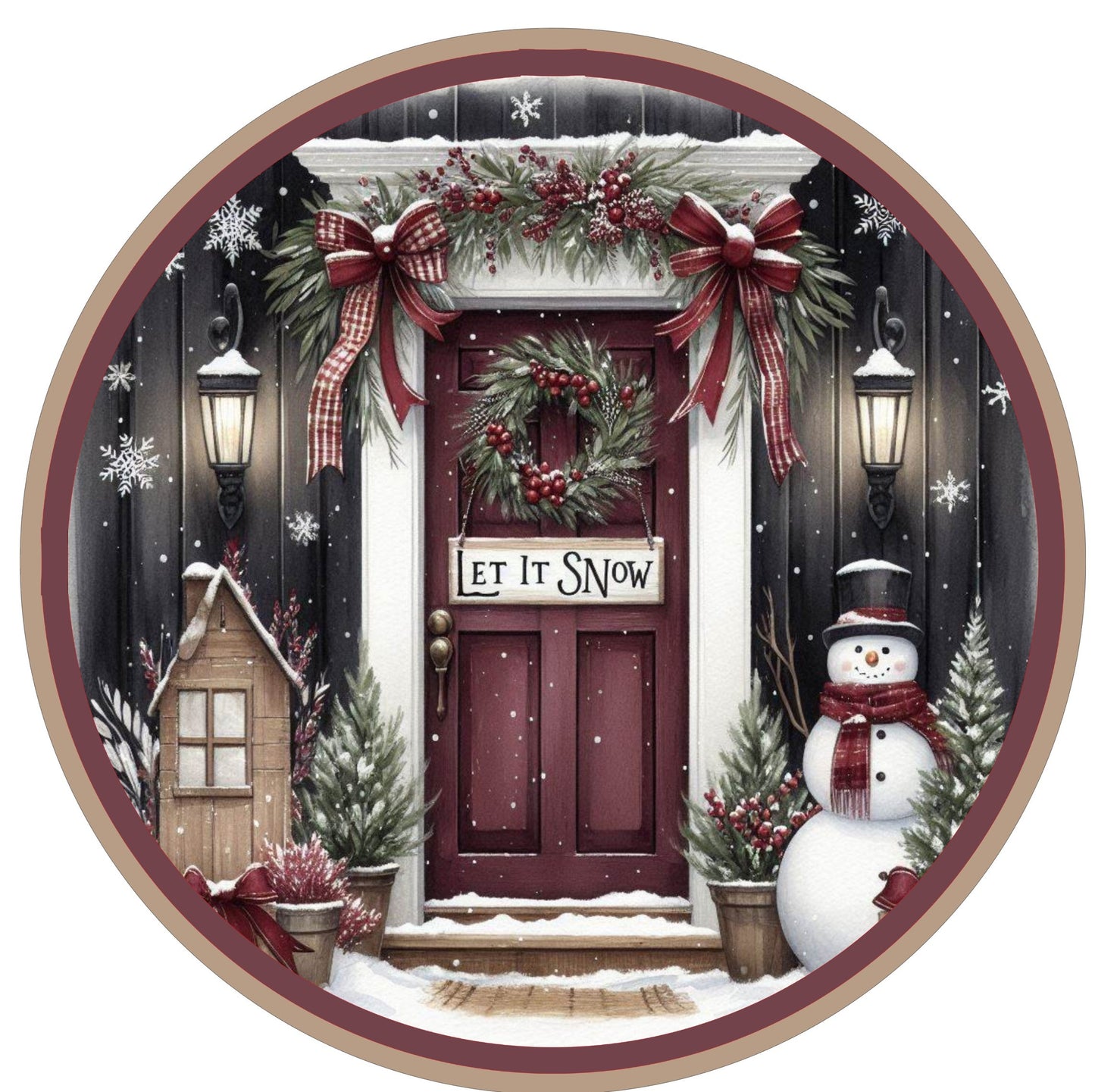 10" BURGUNDY DOOR LET IT SNOW WREATH SIGN