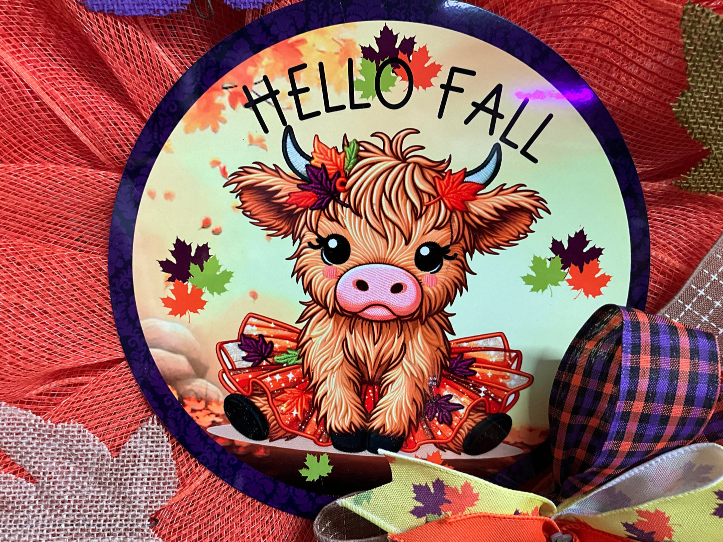 10" HELLO FALL HIGHLAND WREATH SIGN