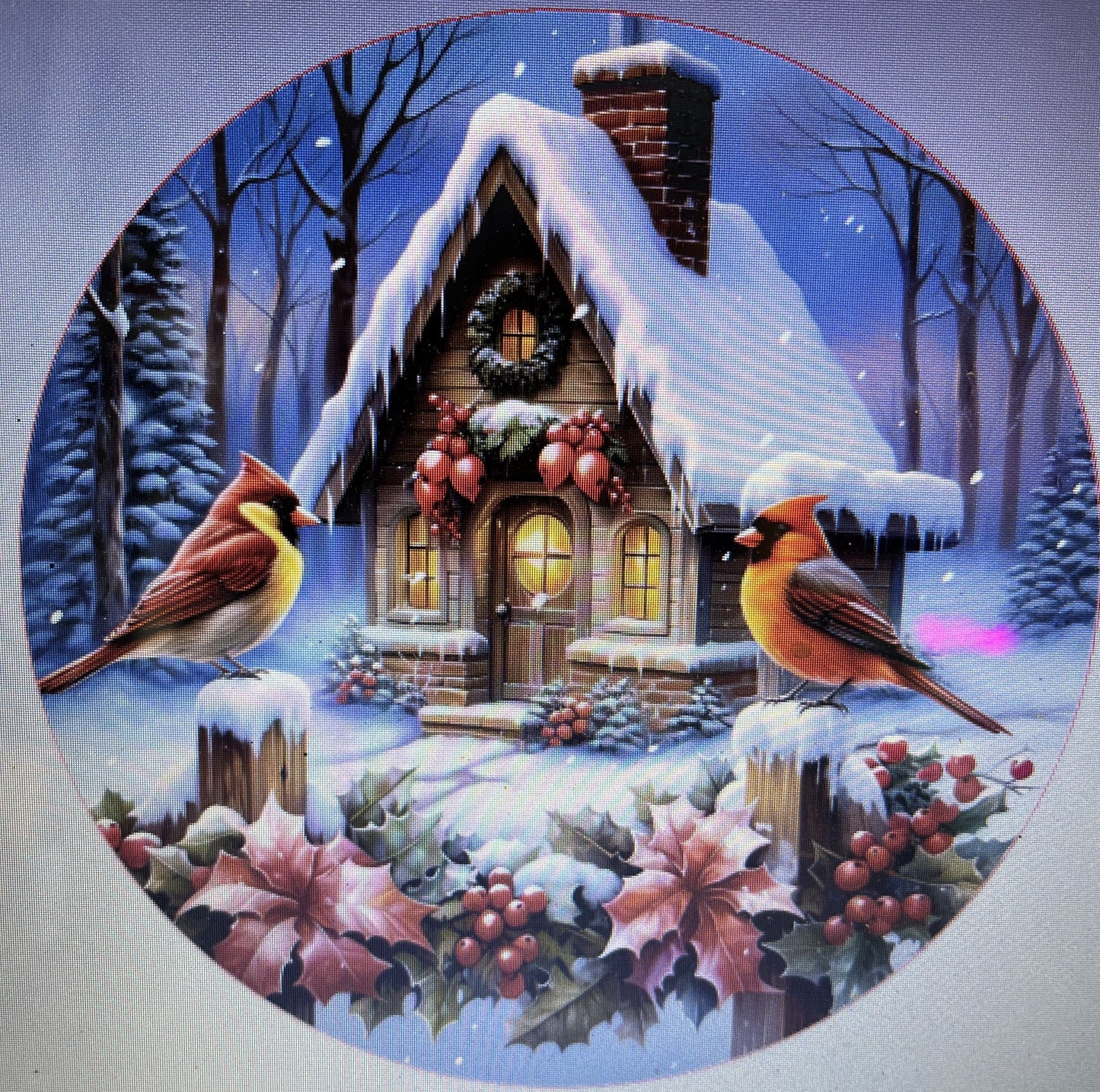 10"WINTER BIRDS ON FENCE WREATH SIGN