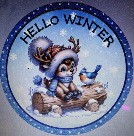 10" HELLO WINTER REINDEER WREATH SIGN